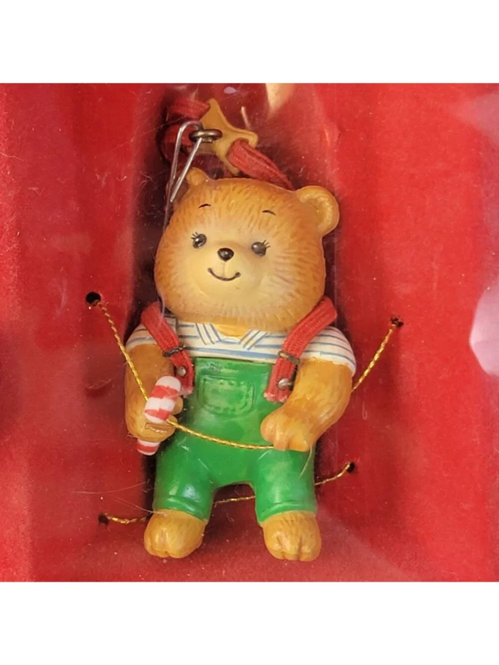 Enesco Vintage 1987 Christmas Tree Ornament Hanging Teddy Suspenders Box 80s Dec